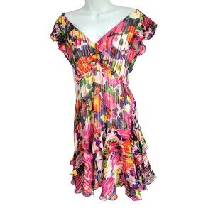 Saloni Silk Mini Dress size 2 Pink Babydoll V-neck Tiered Floral Lined Flirty